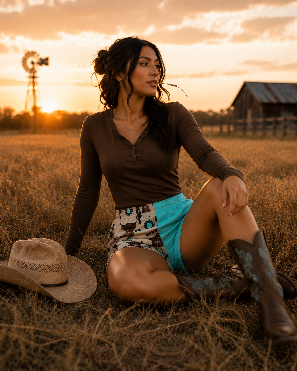 Footy shorts on model: white cowboy print front with bright blue side panel