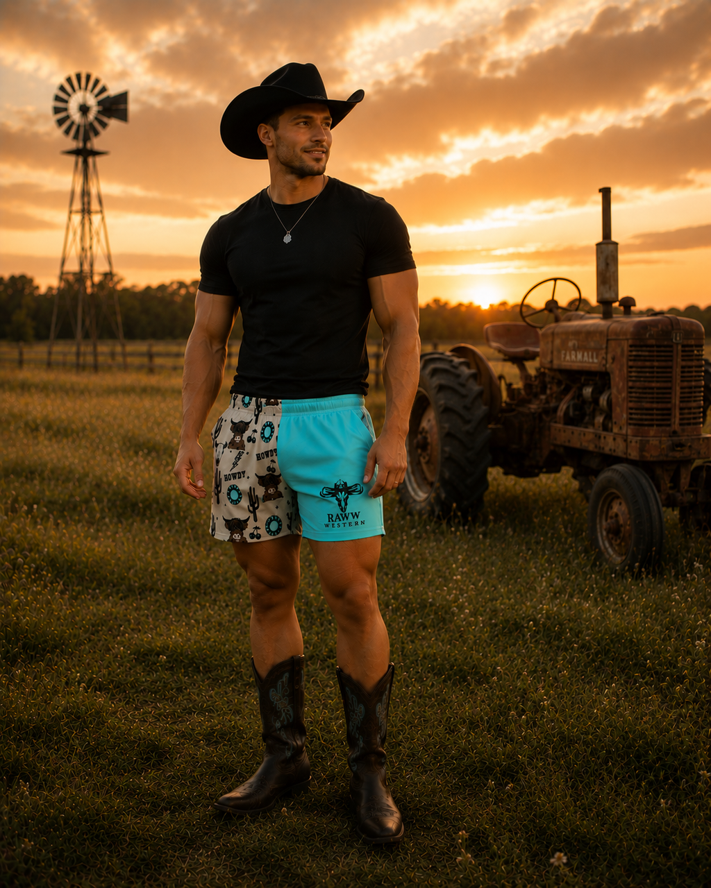 Footy shorts on model: white print panels with bright blue side panel and RAW WESTERN logo