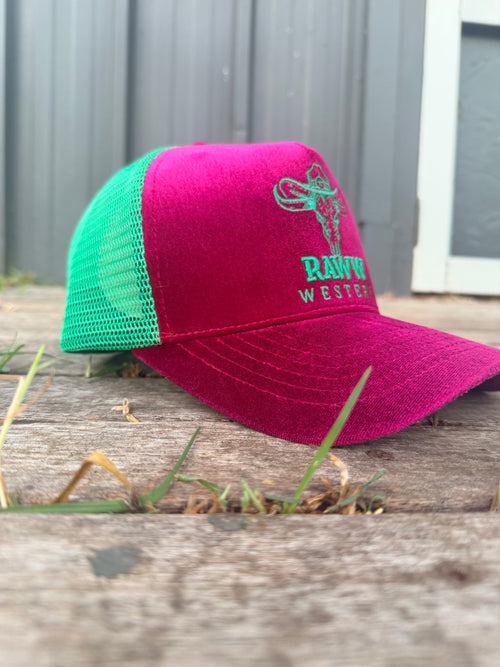 Ruby velvet trucker cap with green mesh back and embroidered RAW WES tern logo