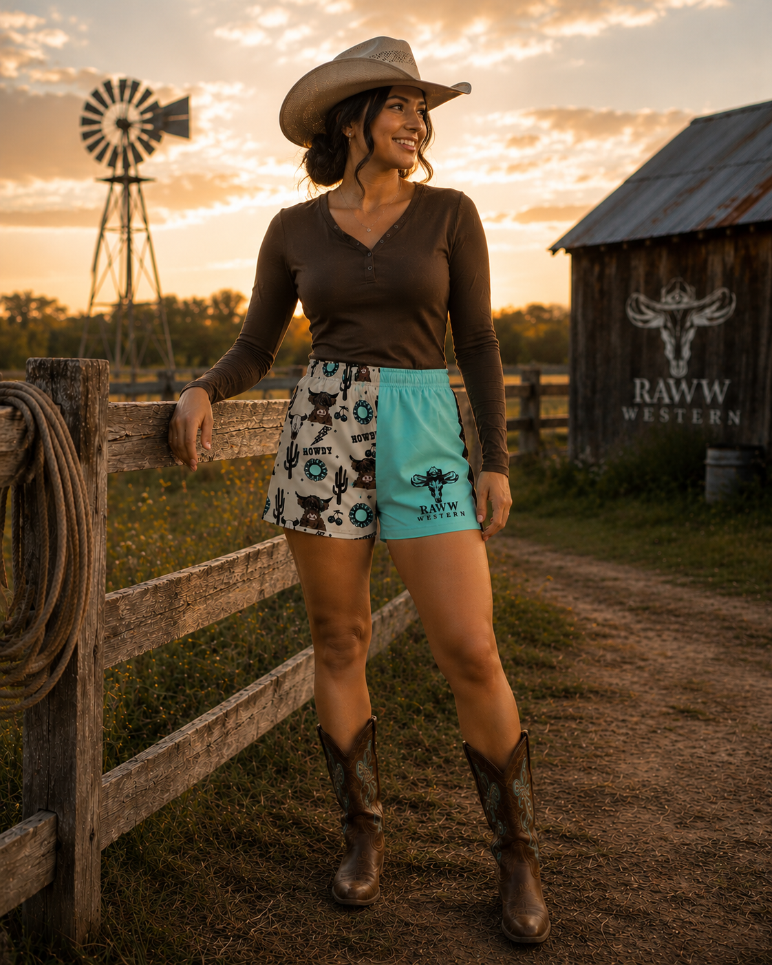Footy shorts on model: white cowboy print front with bright blue back panel