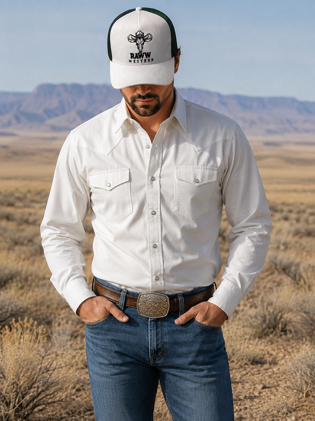 Trucker cap on model: white front with RawW Western logo and dark green mesh back