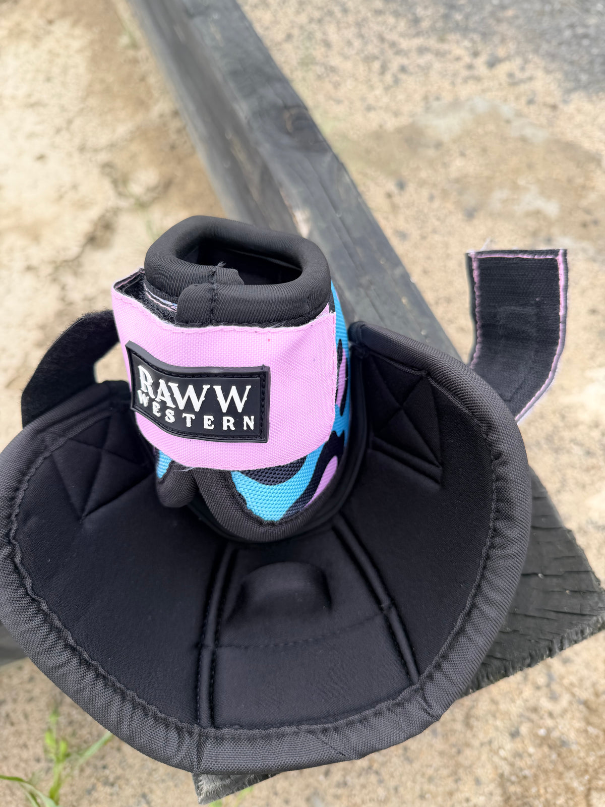 WILDIN horse protective boot with black quilted strap and pink/blue camo upper