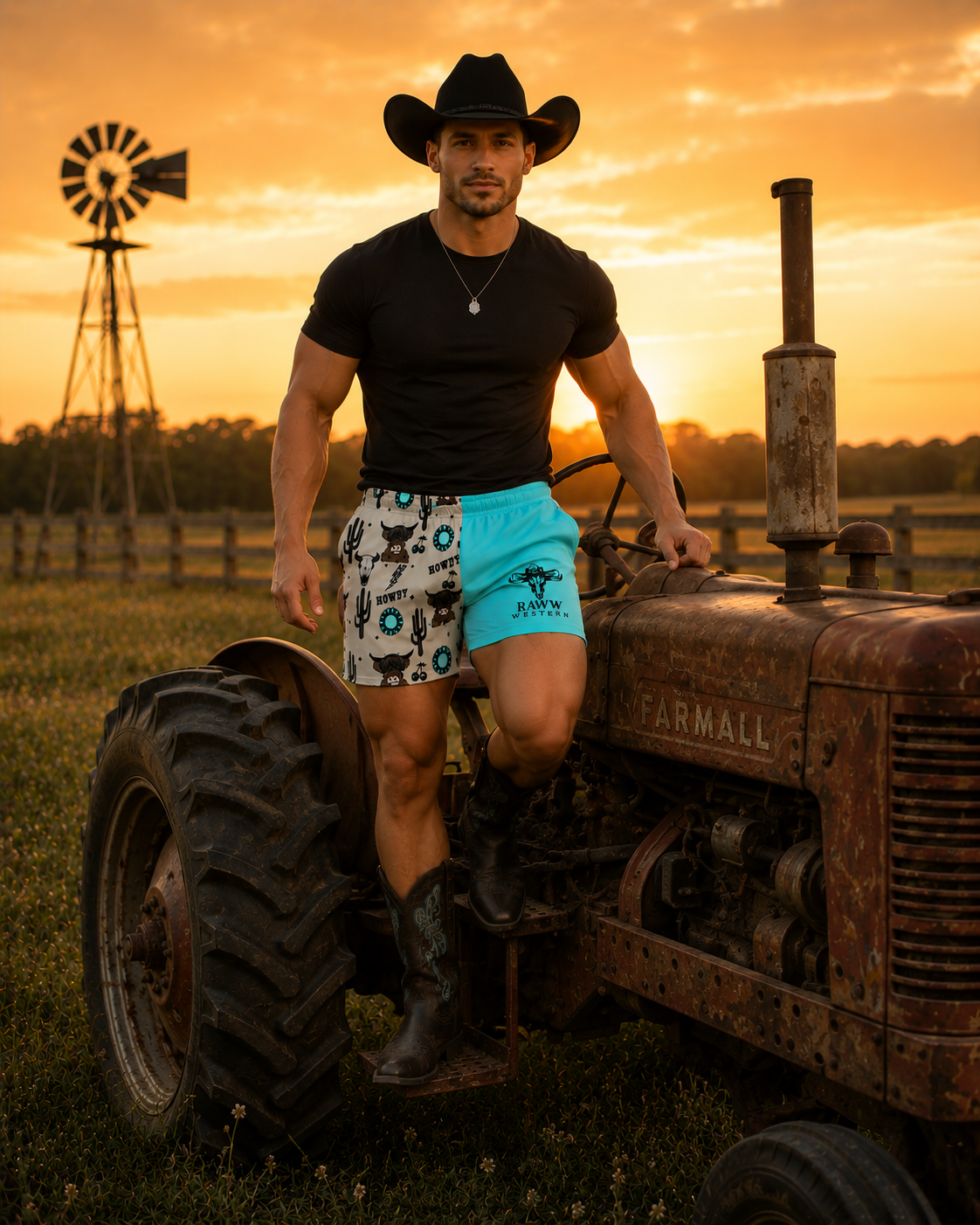Footy shorts on model: white Howdy-themed print with bright blue legs and RAW WESTERN logo