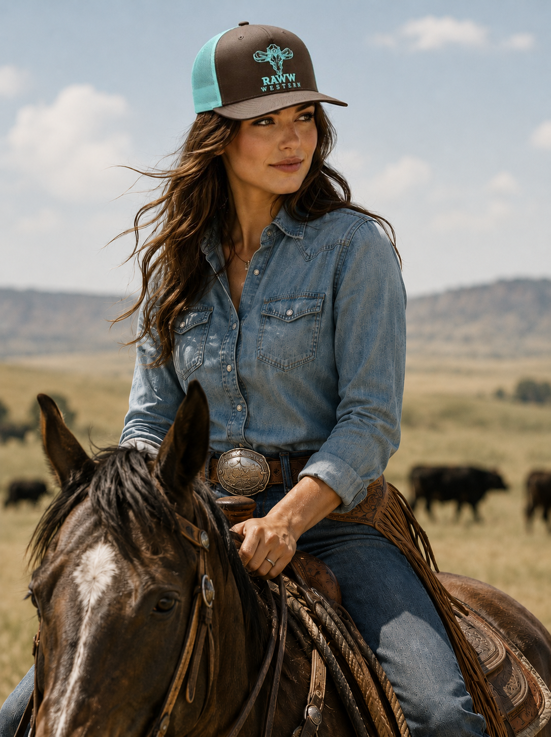 Trucker cap on head: dark brown front, teal mesh sides, RAWN WESTERN logo