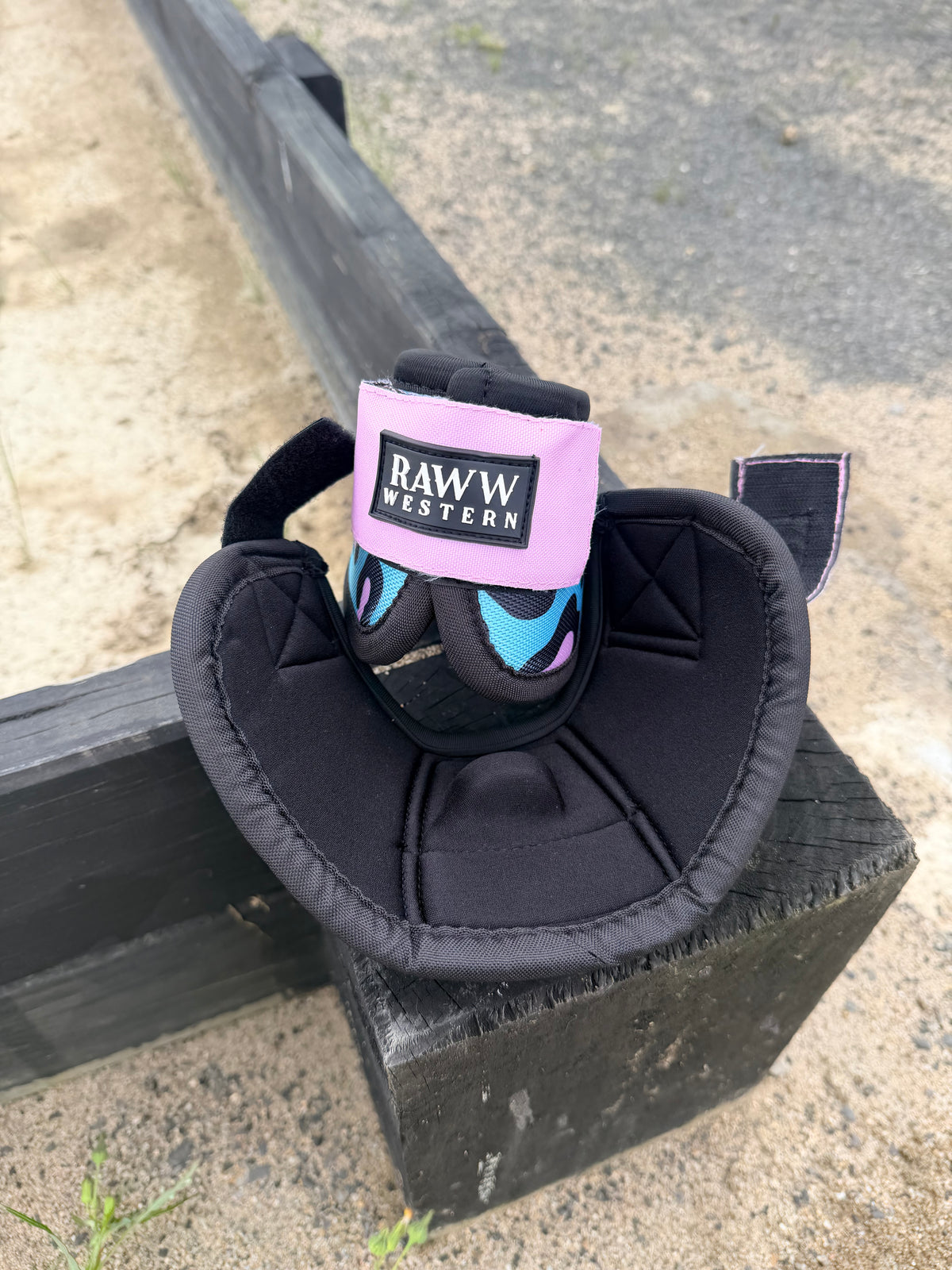 WILDIN horse protective boot with RAW W WESTERN patch, pink/blue camo and black