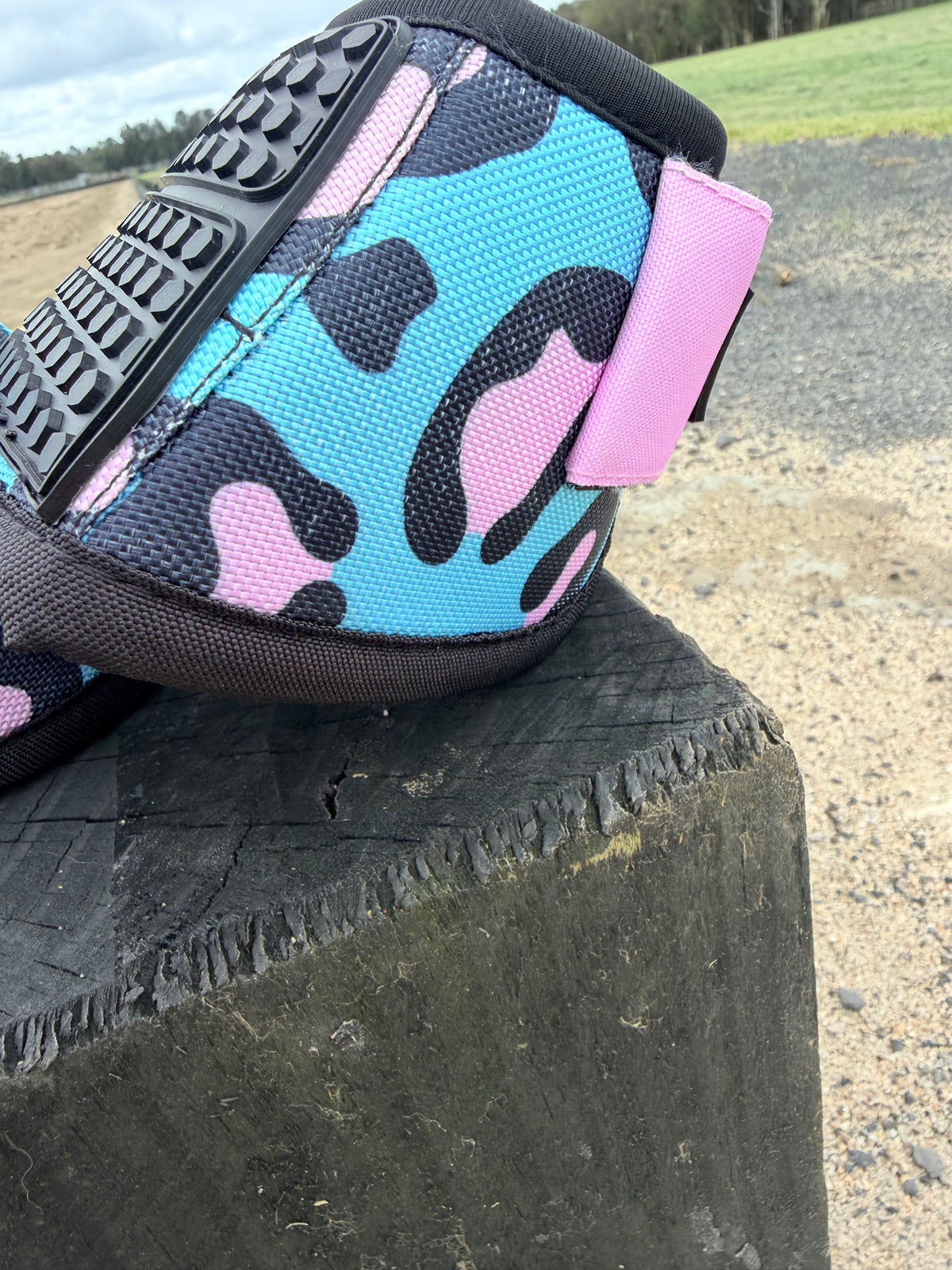 WILDIN horse boot with blue/pink camo upper and black studded rubber tread