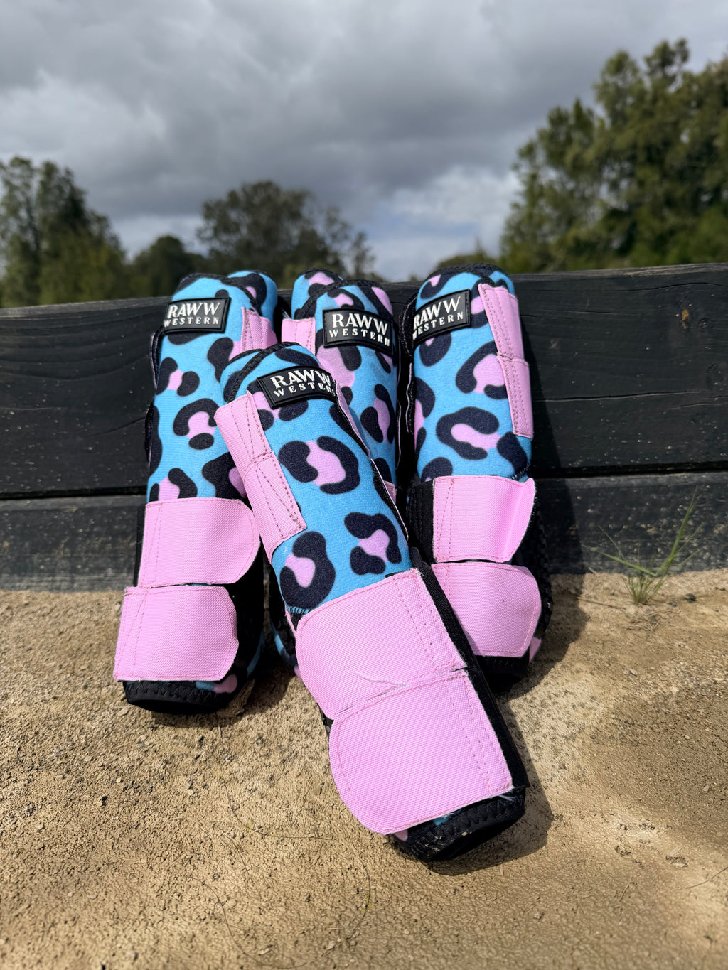 Pair of leopard-print splint boots in pink and blue with padded ankle straps