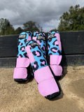 Pair of leopard-print splint boots in pink and blue with padded ankle straps