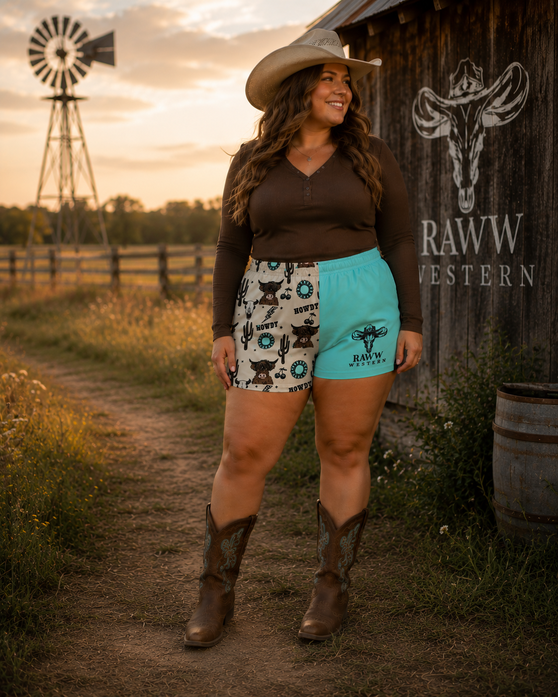 Footy shorts on model: white printed front with bright blue side panels and RAW WESTERN