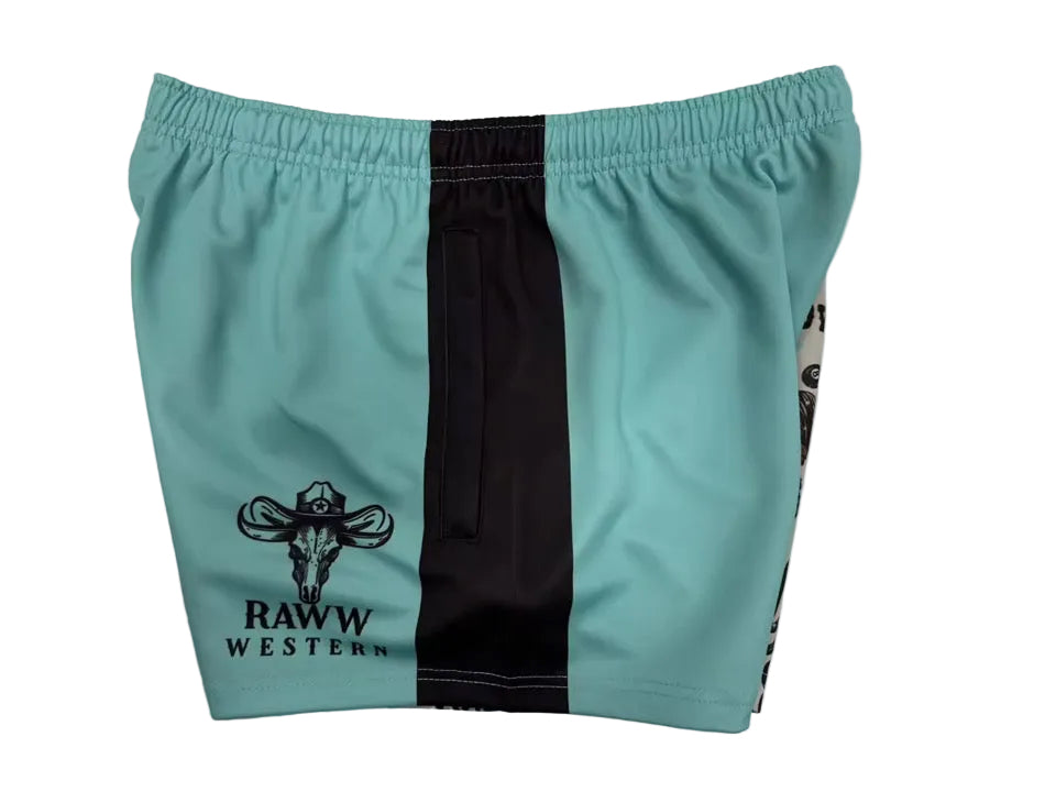 Teal footy shorts with black front placket and drawstring-style detail