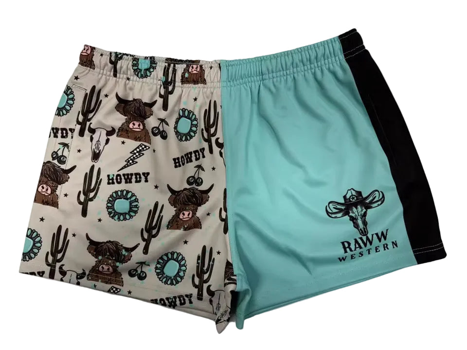 Footy shorts product shot: white printed left side and bright blue right side with RAW WESTERN