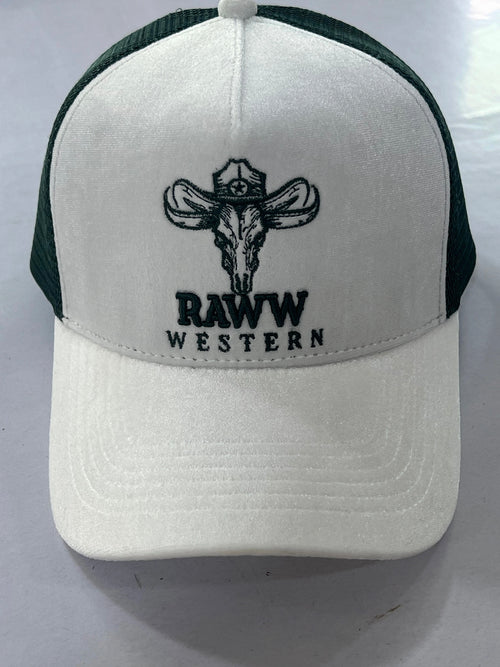 Trucker cap with white front and dark green mesh, embroidered RawW Western logo