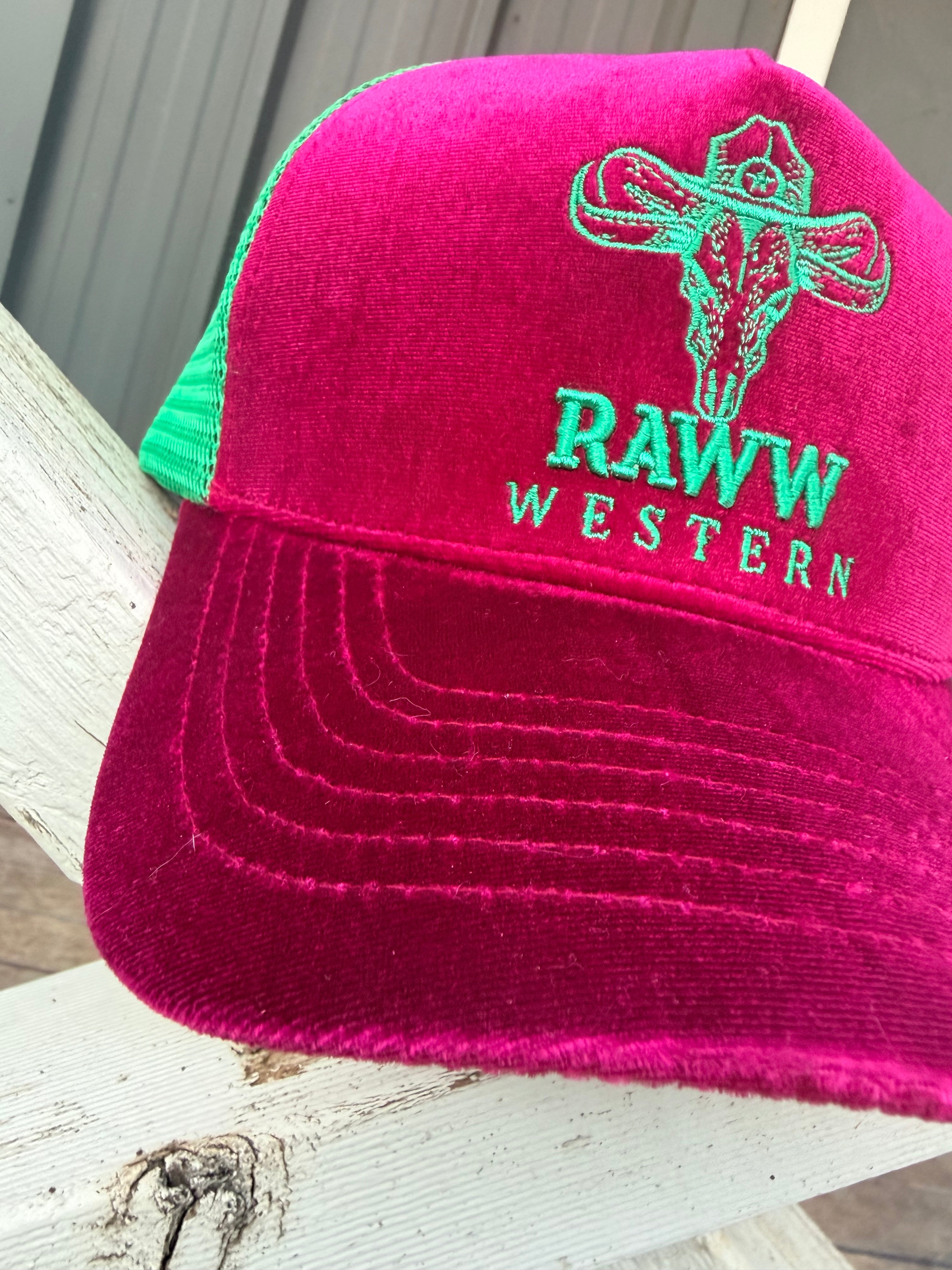 Ruby velvet trucker cap close-up with green mesh and RAW WES tern embroidered logo