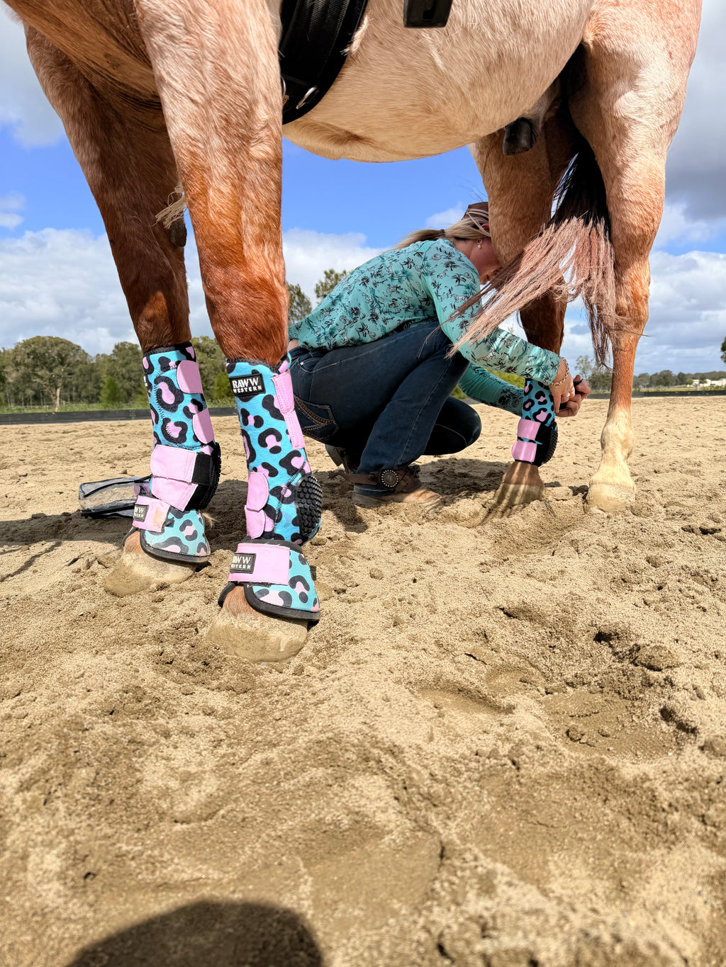 Leopard-print splint boots on a horse, pink cuffs and blue patterned uppers