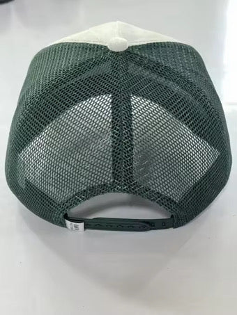 Trucker cap back view with dark green mesh and white top panel, adjustable strap