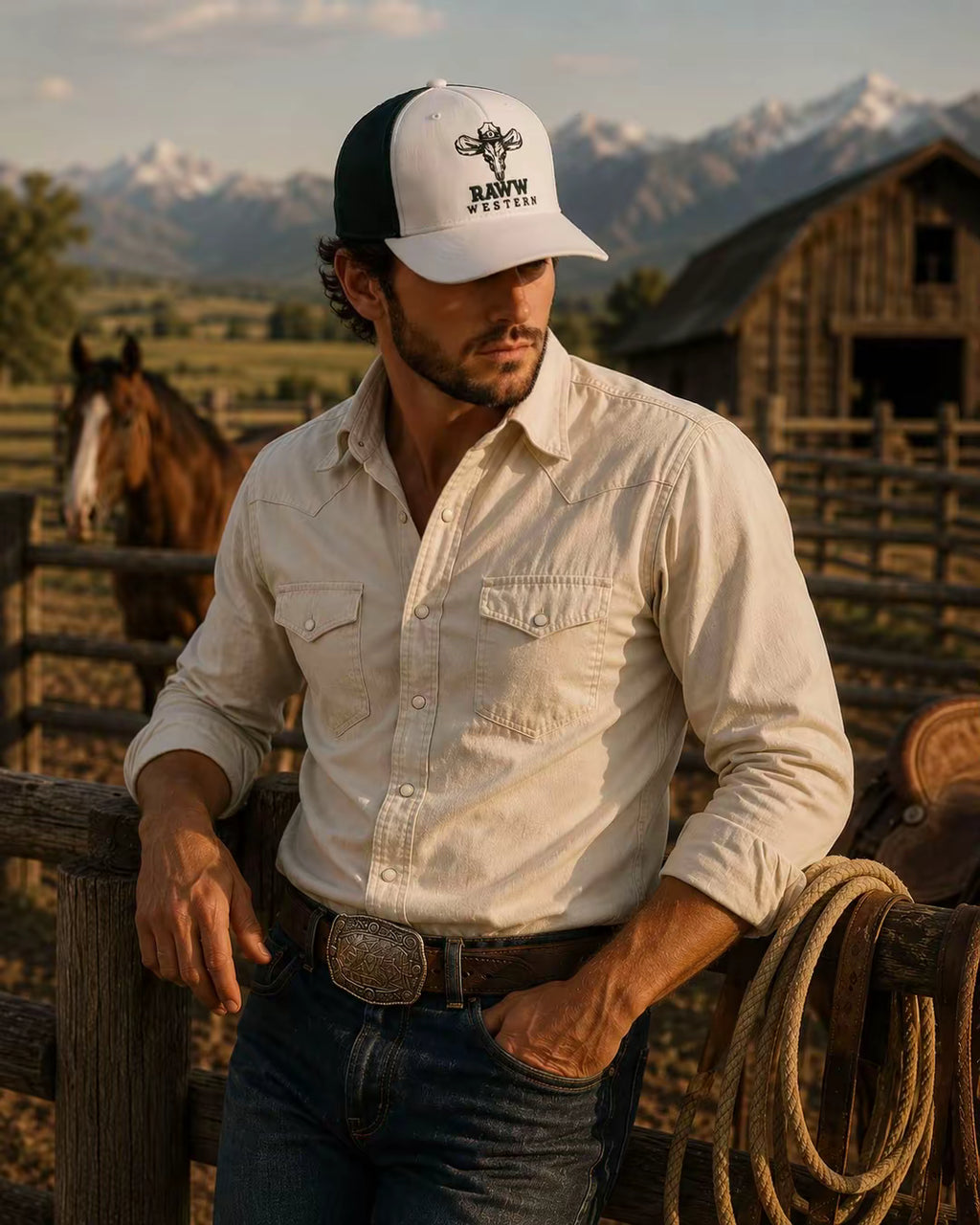 Trucker cap on model: white front with RawW Western emblem, dark green mesh sides