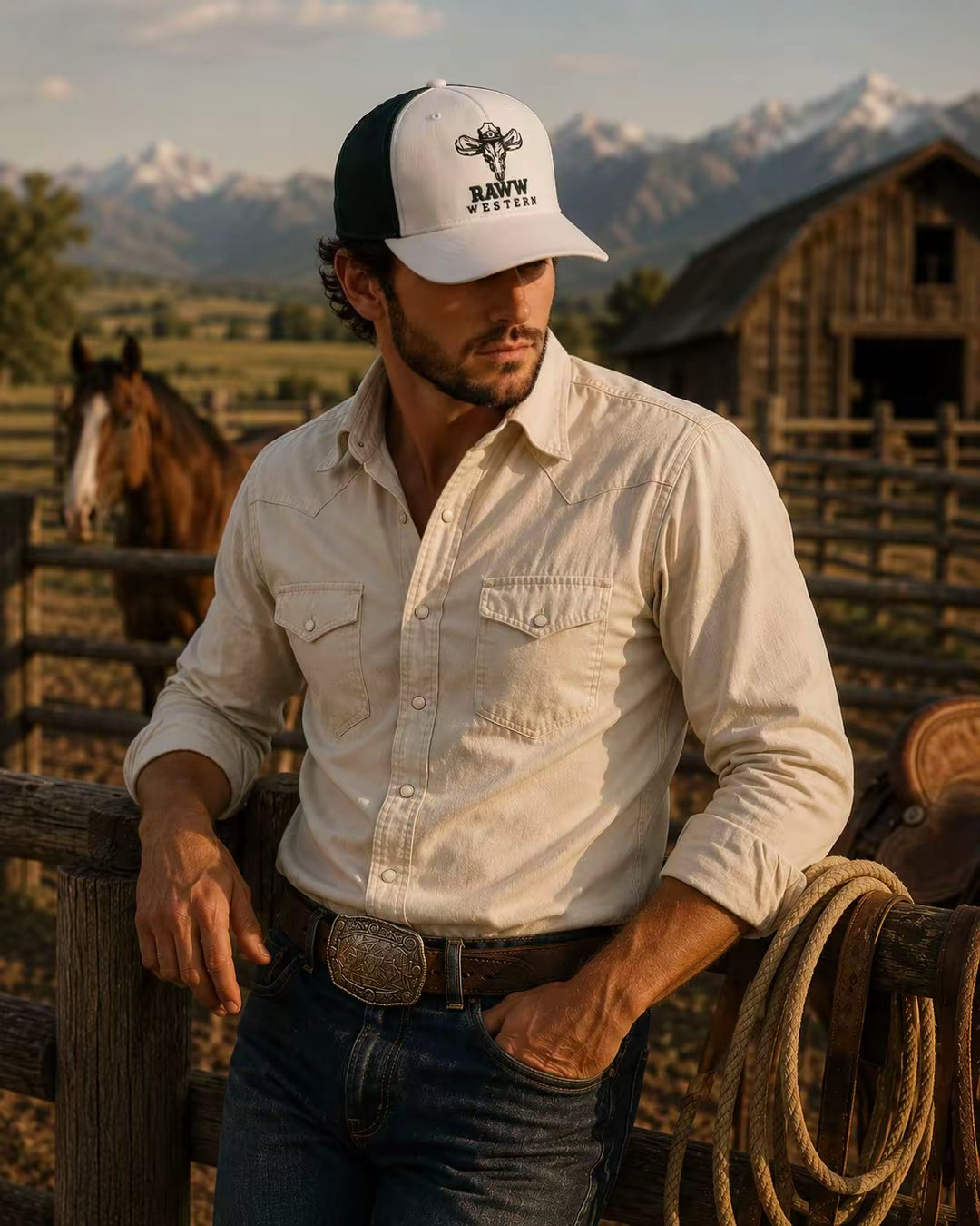 Trucker cap on model: white front with RawW Western emblem, dark green mesh sides