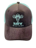 Trucker cap front with dark brown fabric, teal mesh back, and RAWN WESTERN emblem