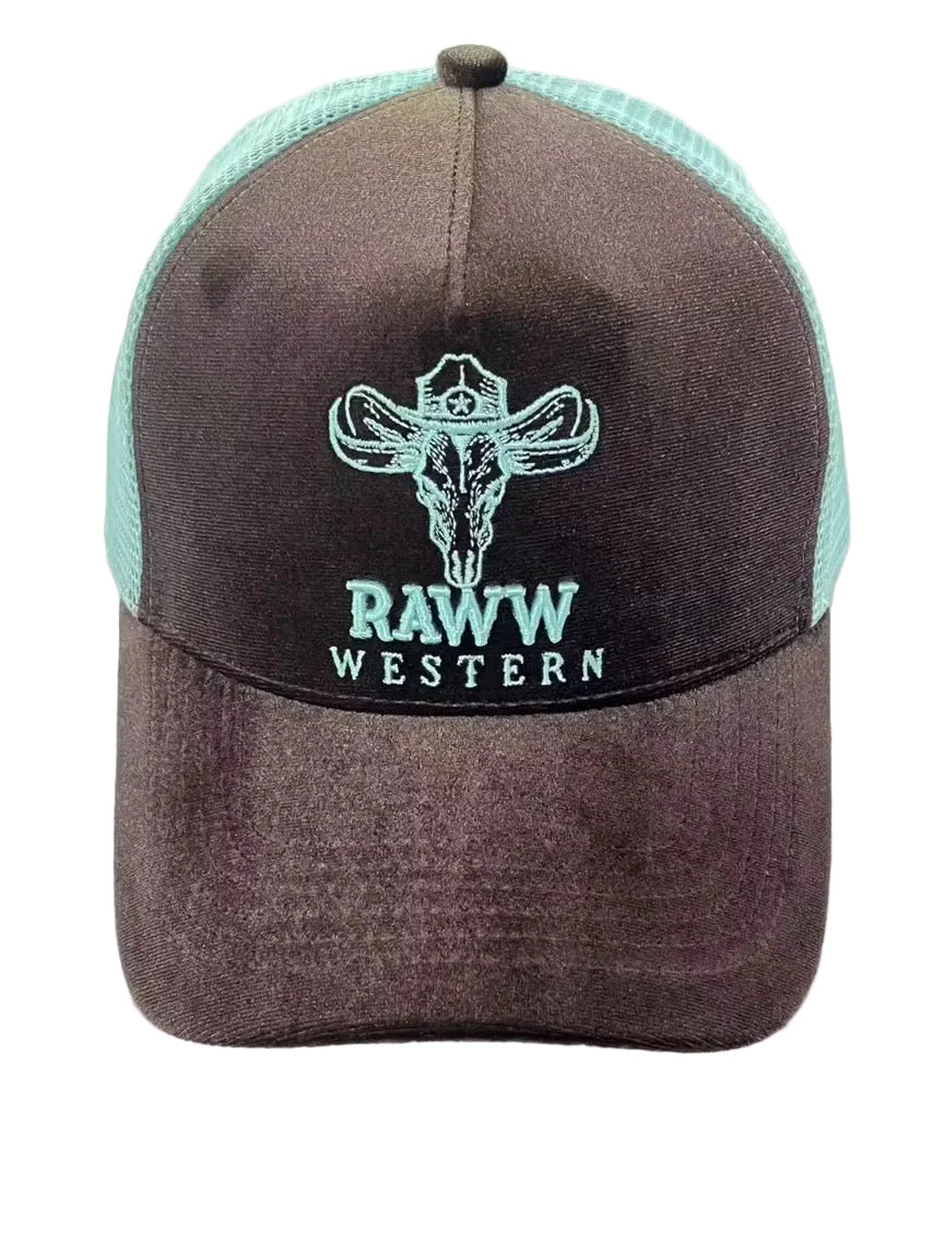 Trucker cap front with dark brown fabric, teal mesh back, and RAWN WESTERN emblem