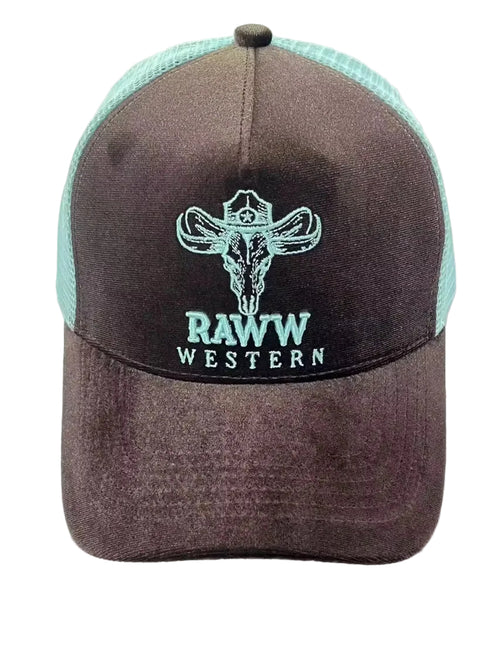 Trucker cap front with dark brown fabric, teal mesh back, and RAWN WESTERN emblem