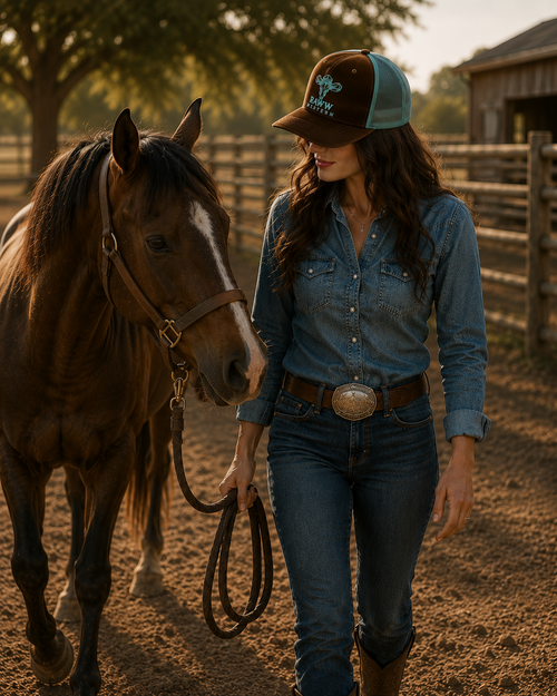 Trucker cap with dark brown front, teal mesh sides, and RAWN WESTERN logo