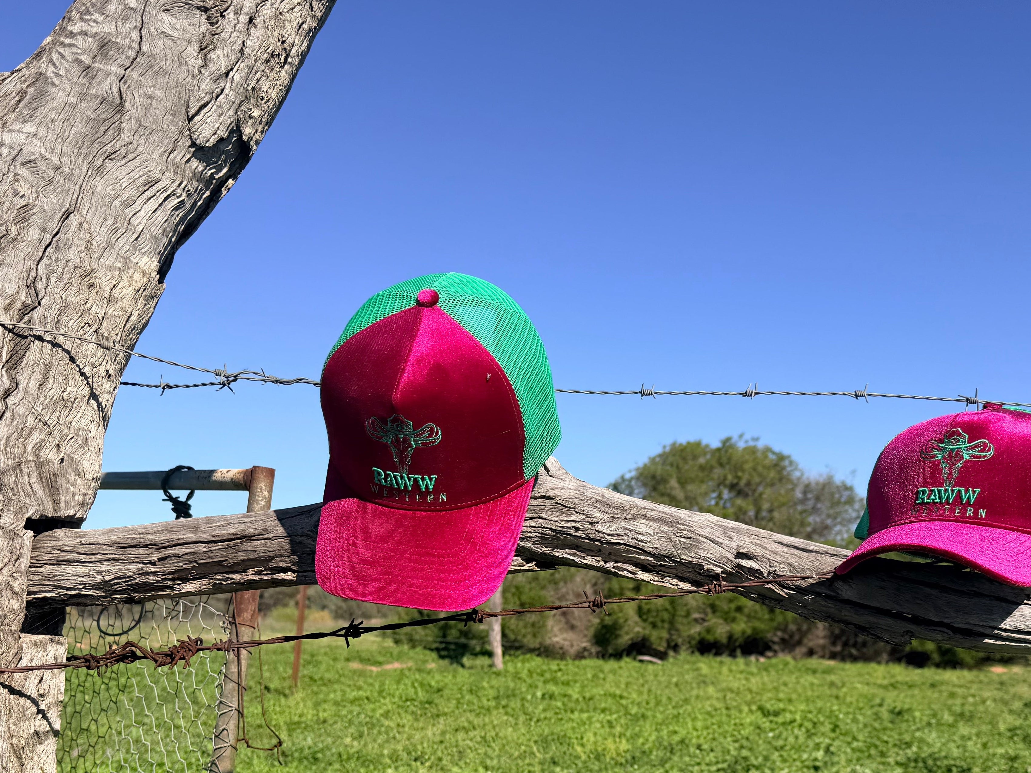 Ruby velvet trucker cap with green mesh back, curved brim, and RAW WES tern embroidery