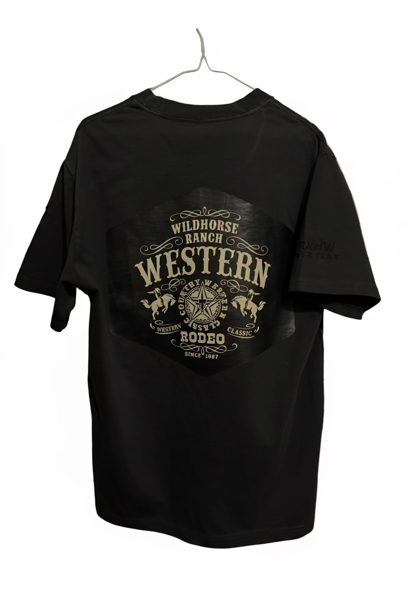 Black WILDHORSE Ranch Western T-shirt with large back print and short sleeves.