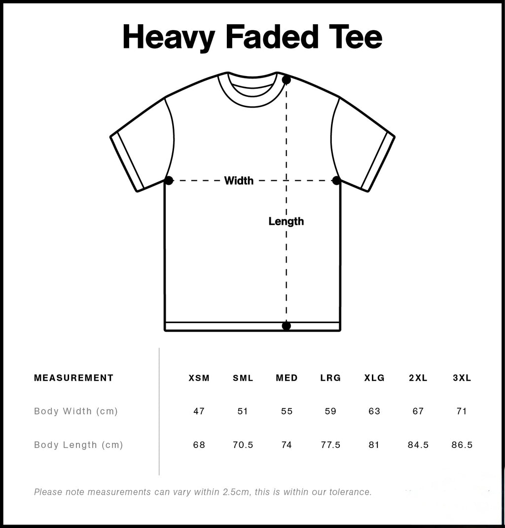 T-shirt sizing diagram showing width and length for sizes XSM–3XL