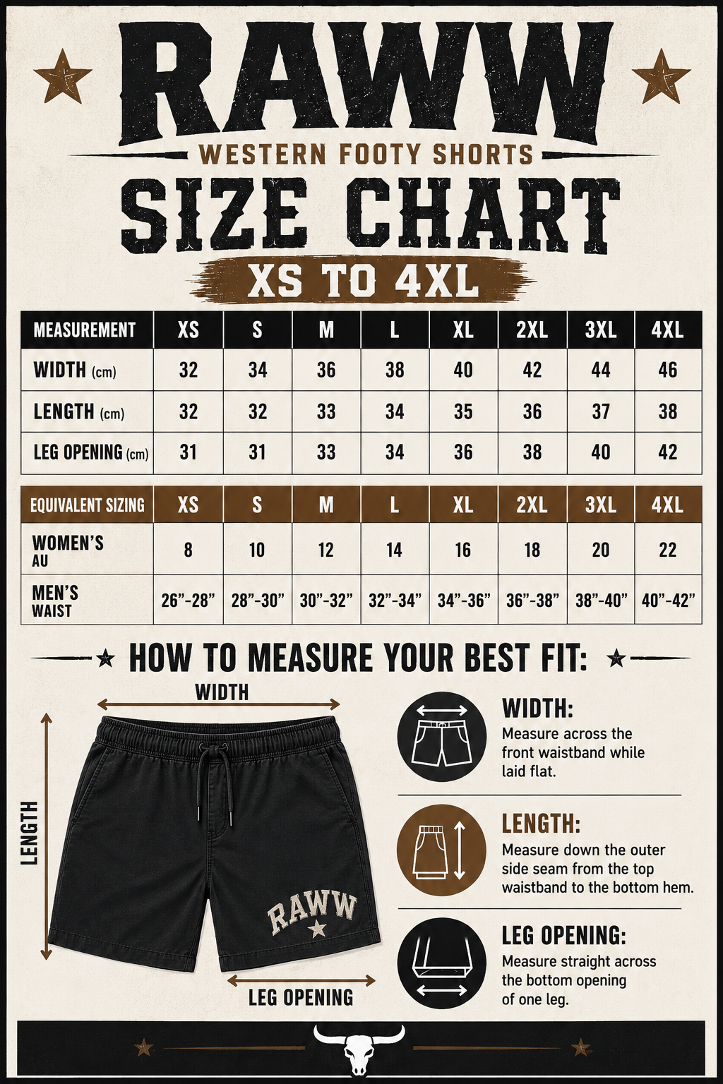 Size chart for Raw Western footy shorts: XS to 4XL with measurements