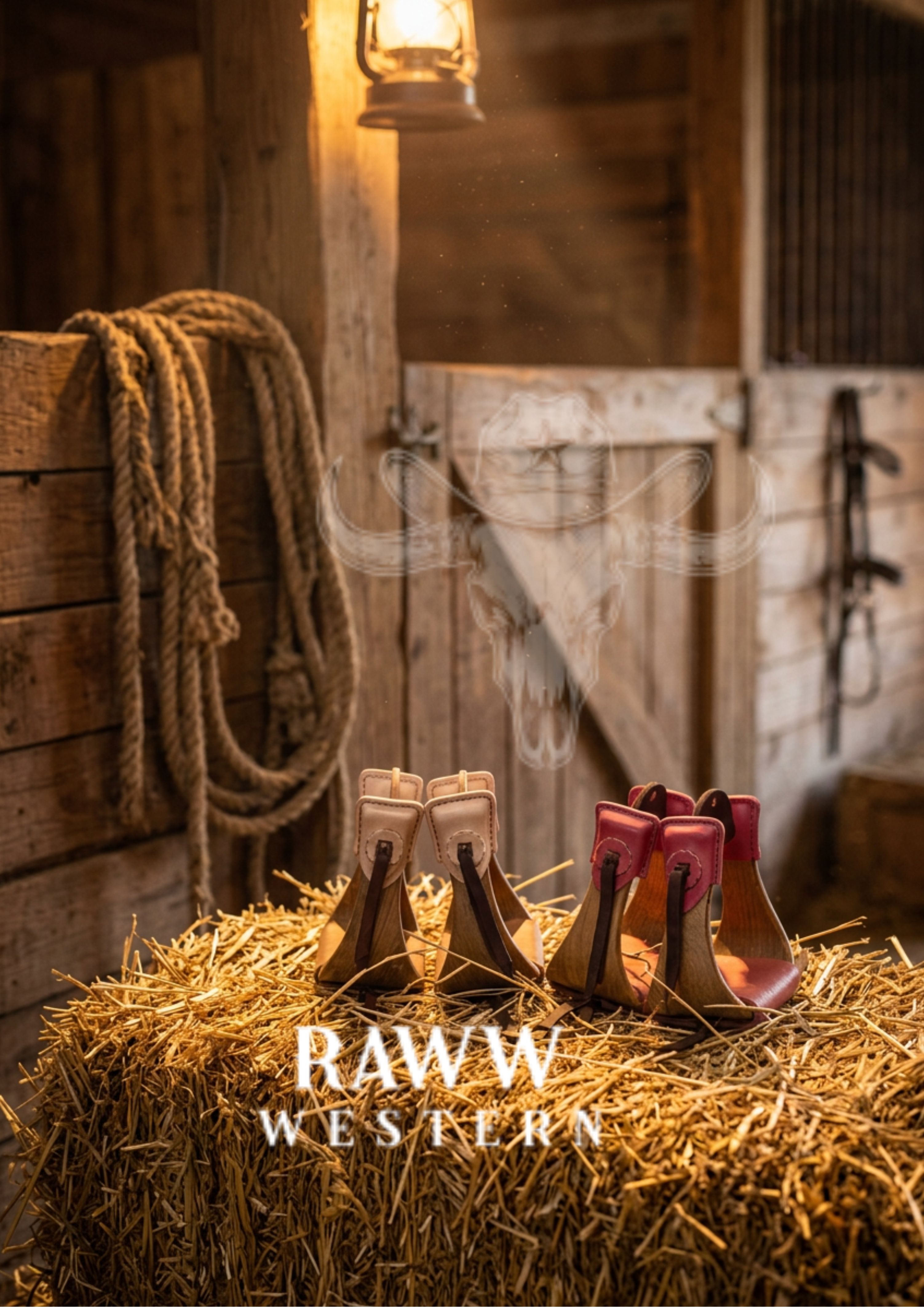 Set of western stirrups in tan, red, and pink arranged for display