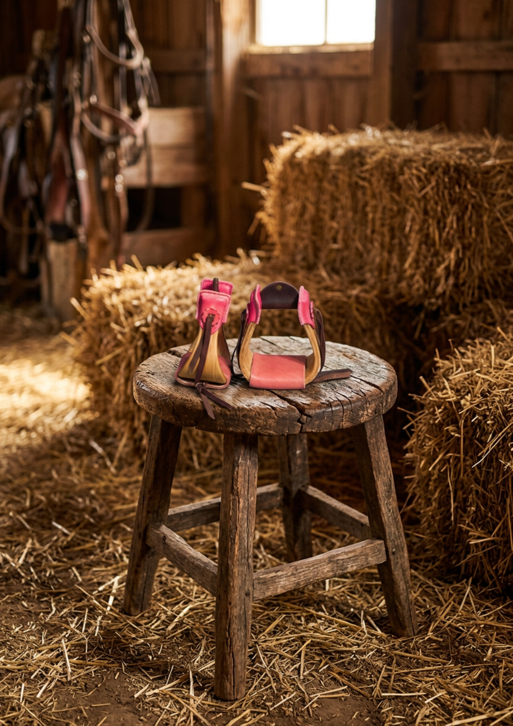 Pink and tan western stirrups resting on a round wooden stool
