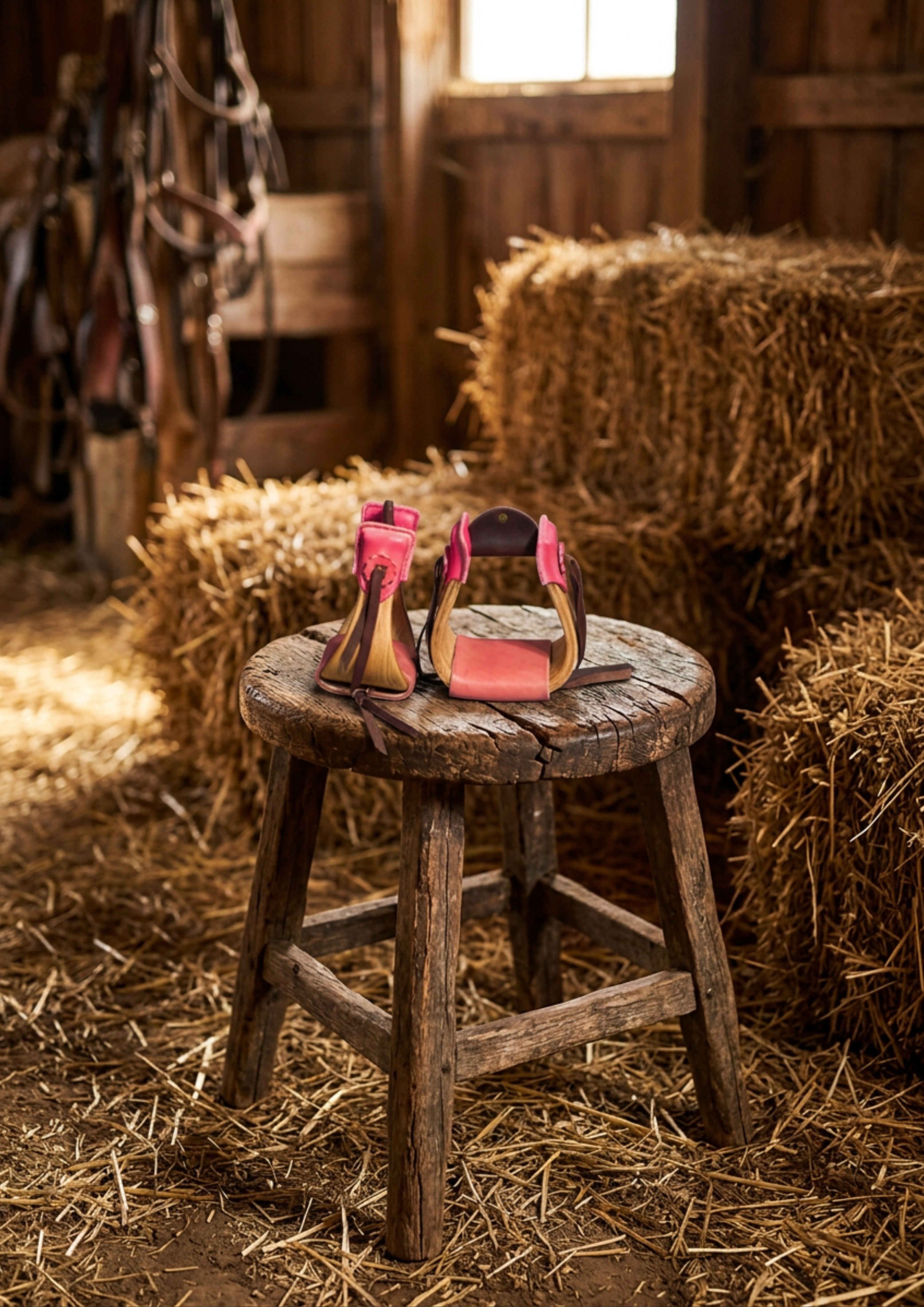 Pink and tan western stirrups resting on a round wooden stool