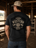 Black short-sleeve T-shirt with Western logo graphic on back