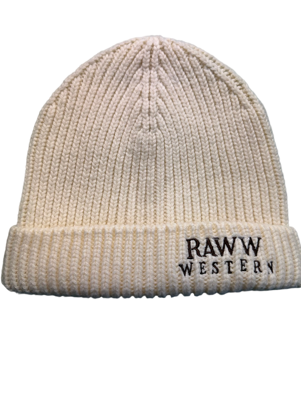 Raww cream ribbed knit beanie with cuff and embroidered Western logo