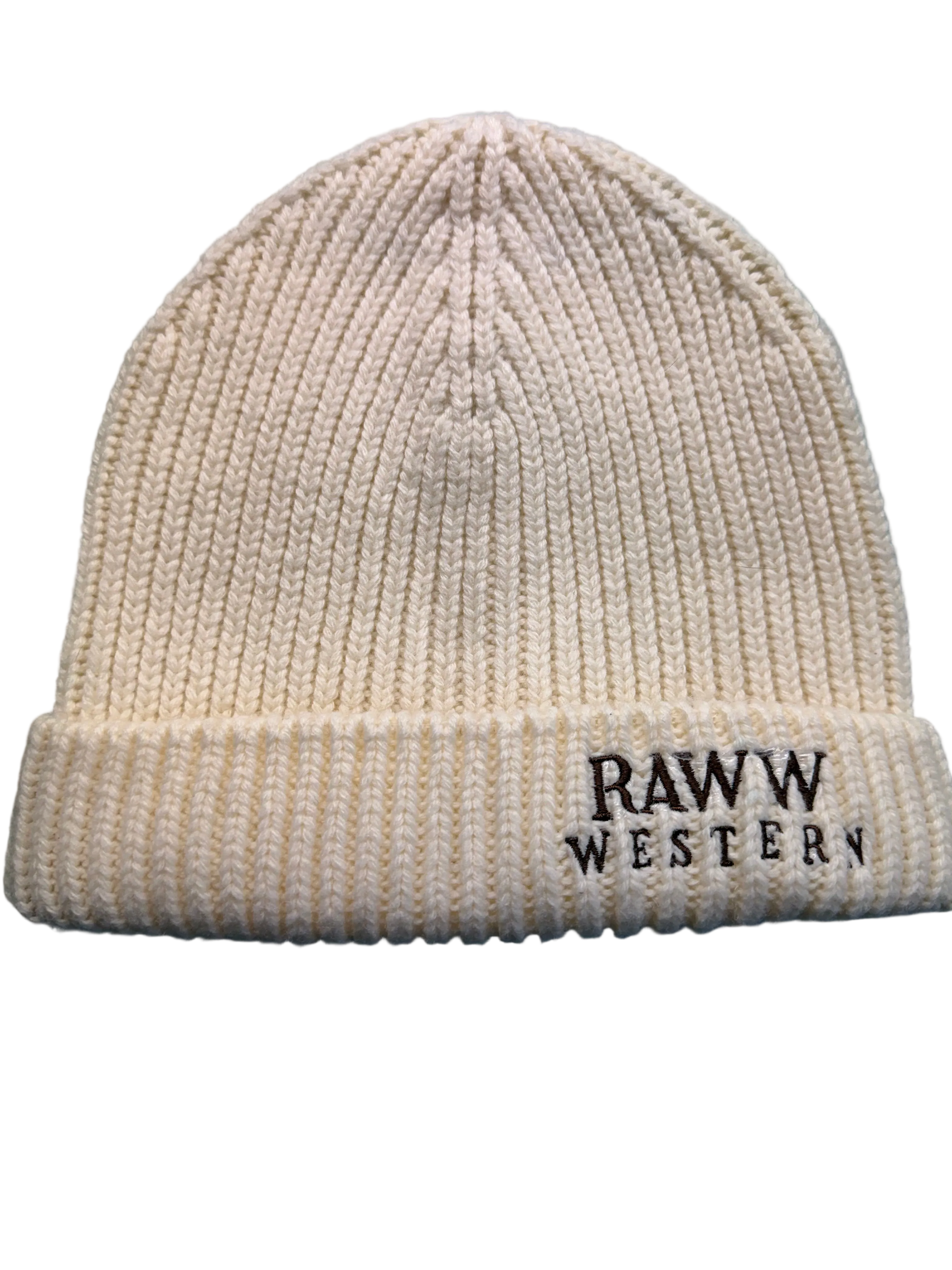 Raww cream ribbed knit beanie with cuff and embroidered Western logo
