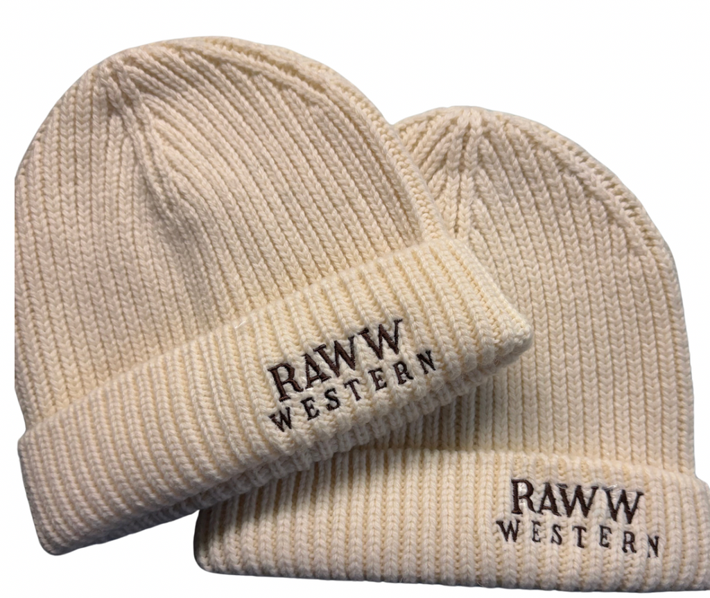 Raww western heritage cream knit beanie with folded cuff and embroidered logo