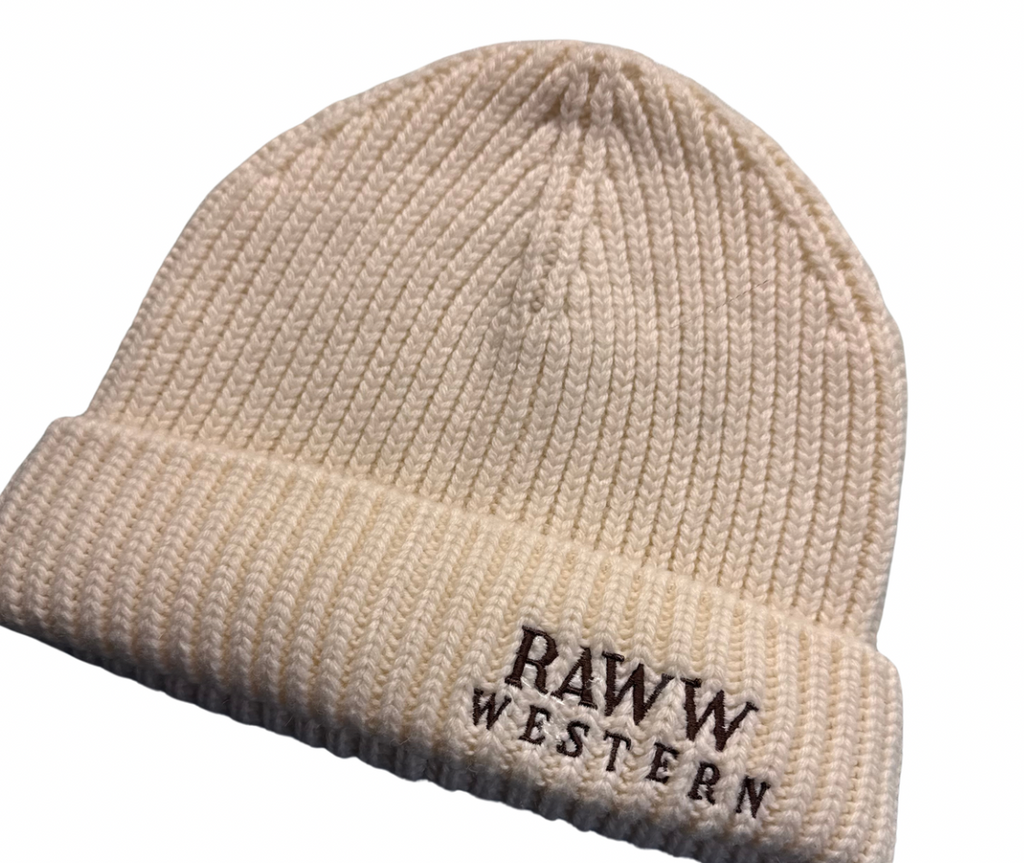 Raww Western heritage beanie in cream knit with cuffed hem and embroidered logo
