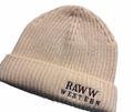 Raww Western heritage beanie in cream knit with cuffed hem and embroidered logo