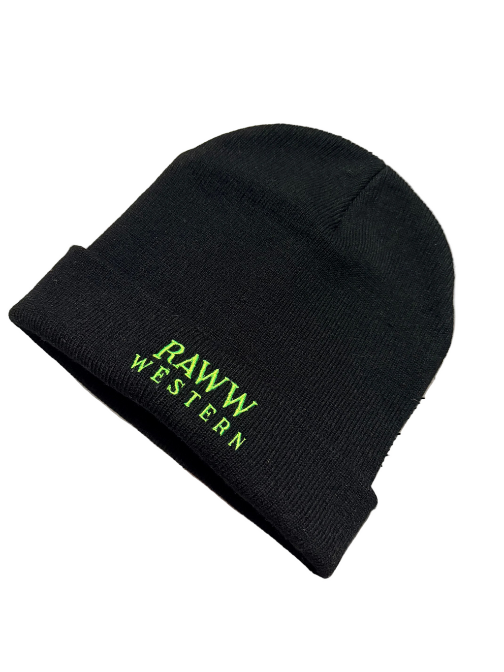Dark knit beanie with folded cuff and neon green RAWw Western logo