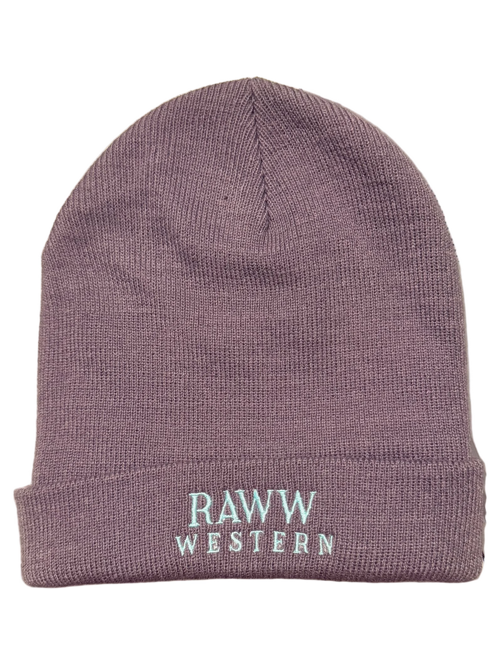Raww Western classics beanie in grape knit, fold-over cuff and embroidered logo