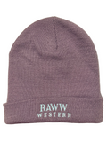 Raww Western classics beanie in grape knit, fold-over cuff and embroidered logo