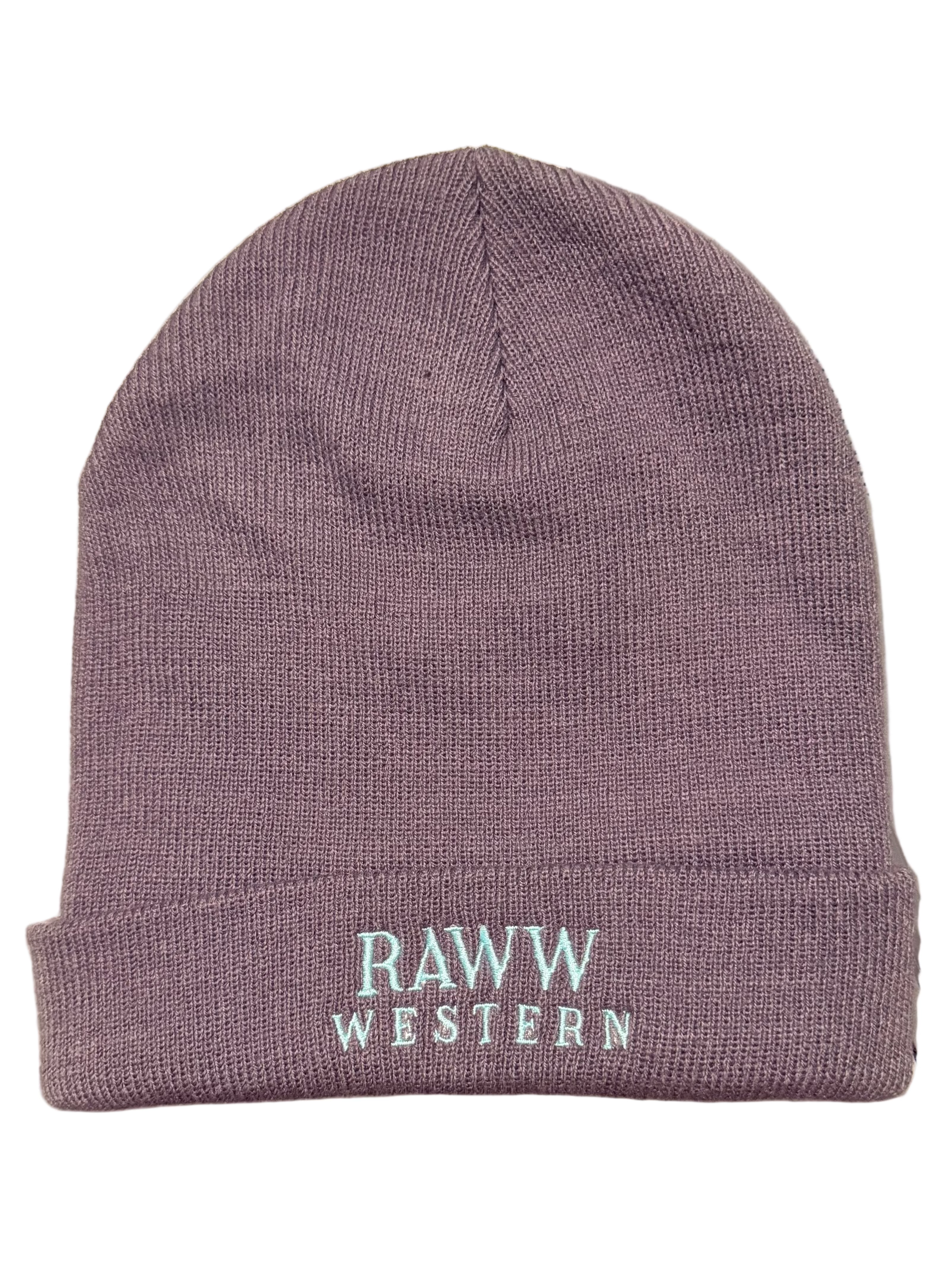 Raww Western classics beanie in grape knit, fold-over cuff and embroidered logo