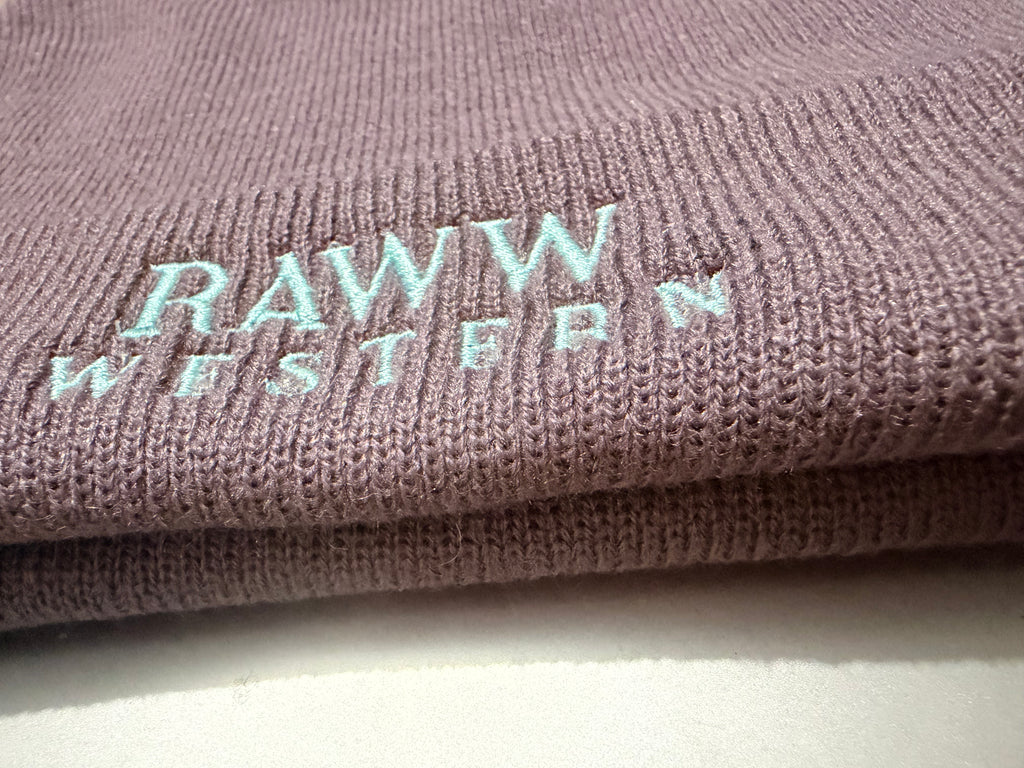 Raww Western beanie, grape knit with ribbed cuff and logo patch