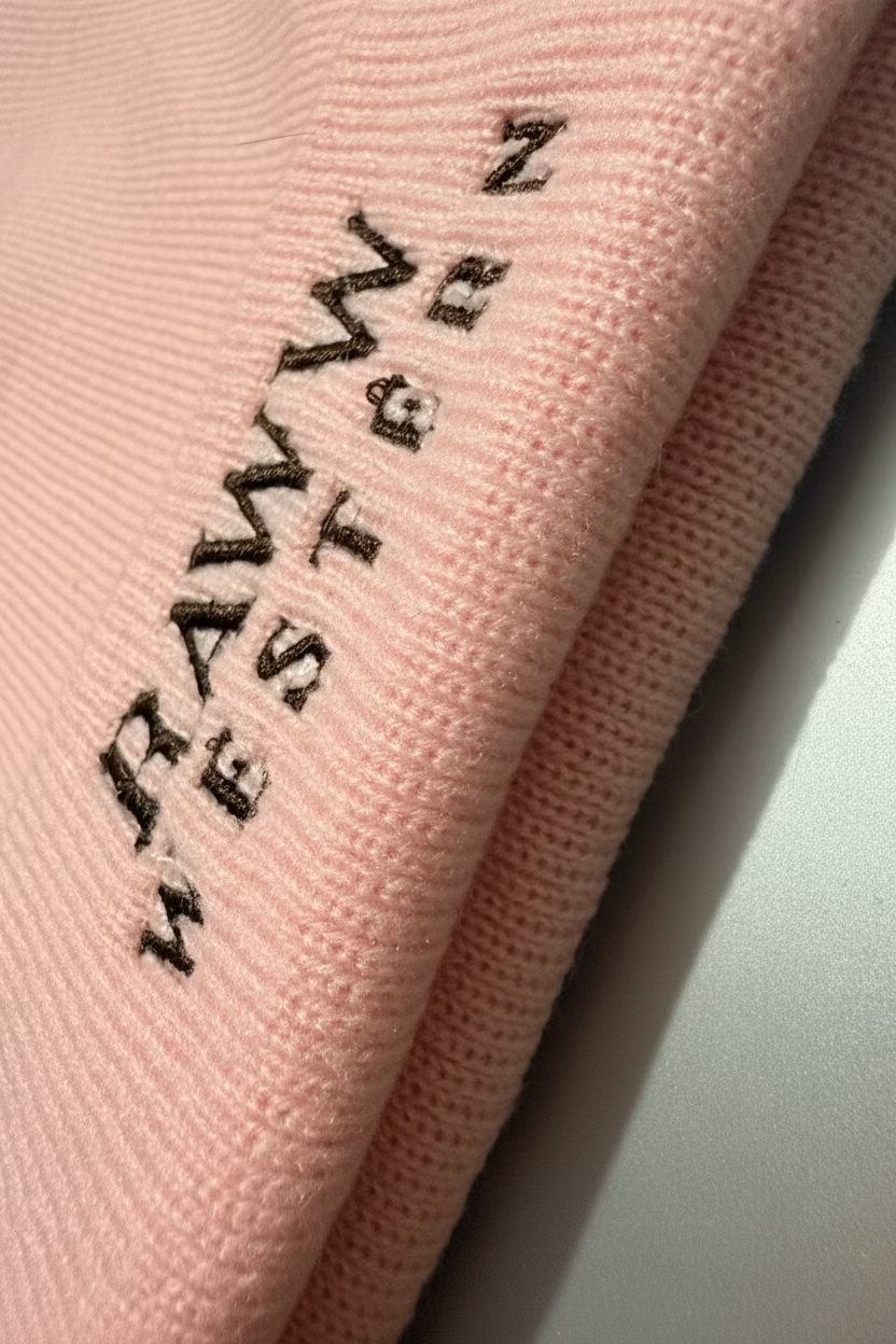 Pink knit beanie with black embroidered text