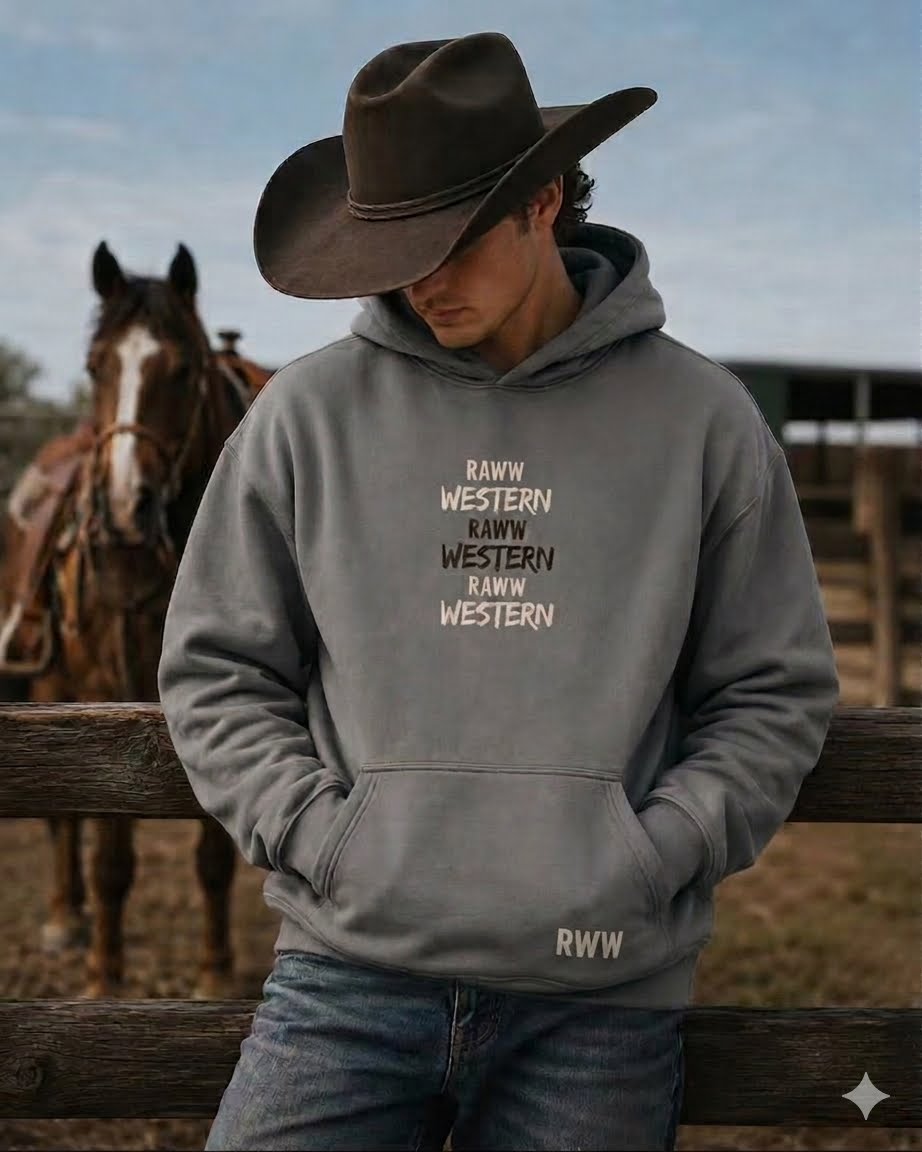 Faded grey Raww Western hoodie with front kangaroo pocket and drawstring hood