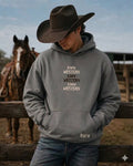 Faded grey Raww Western hoodie with front kangaroo pocket and drawstring hood