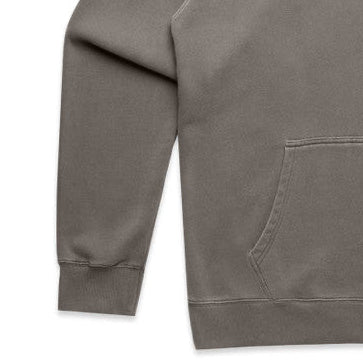 Faded grey hoodie sleeve and front pocket panel with stitched seams