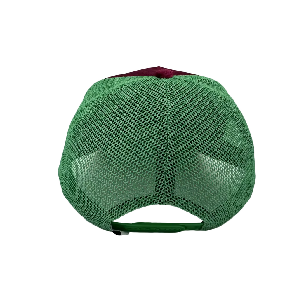 Back of velvet trucker cap: green mesh rear and burgundy crown with button