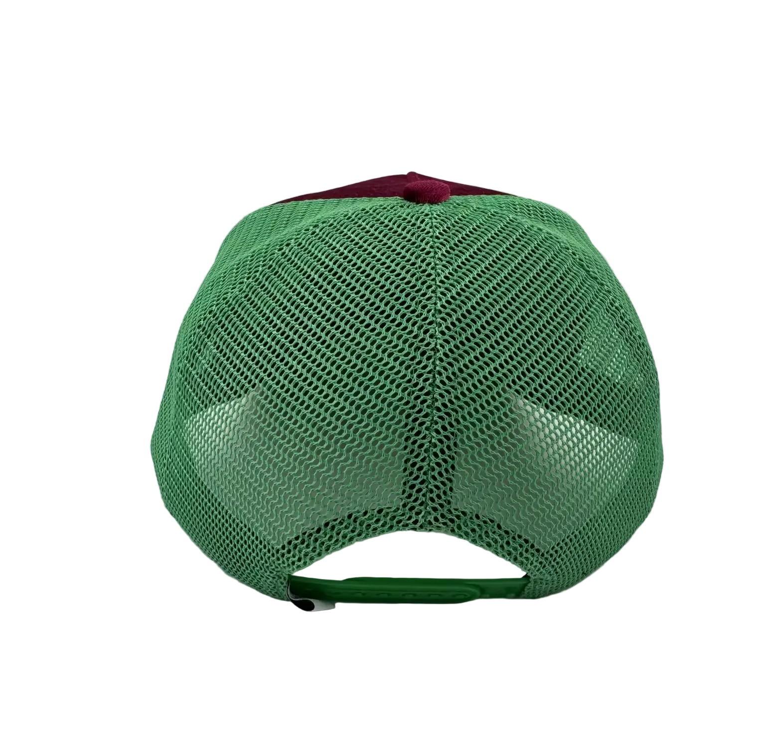 Back of velvet trucker cap: green mesh rear and burgundy crown with button