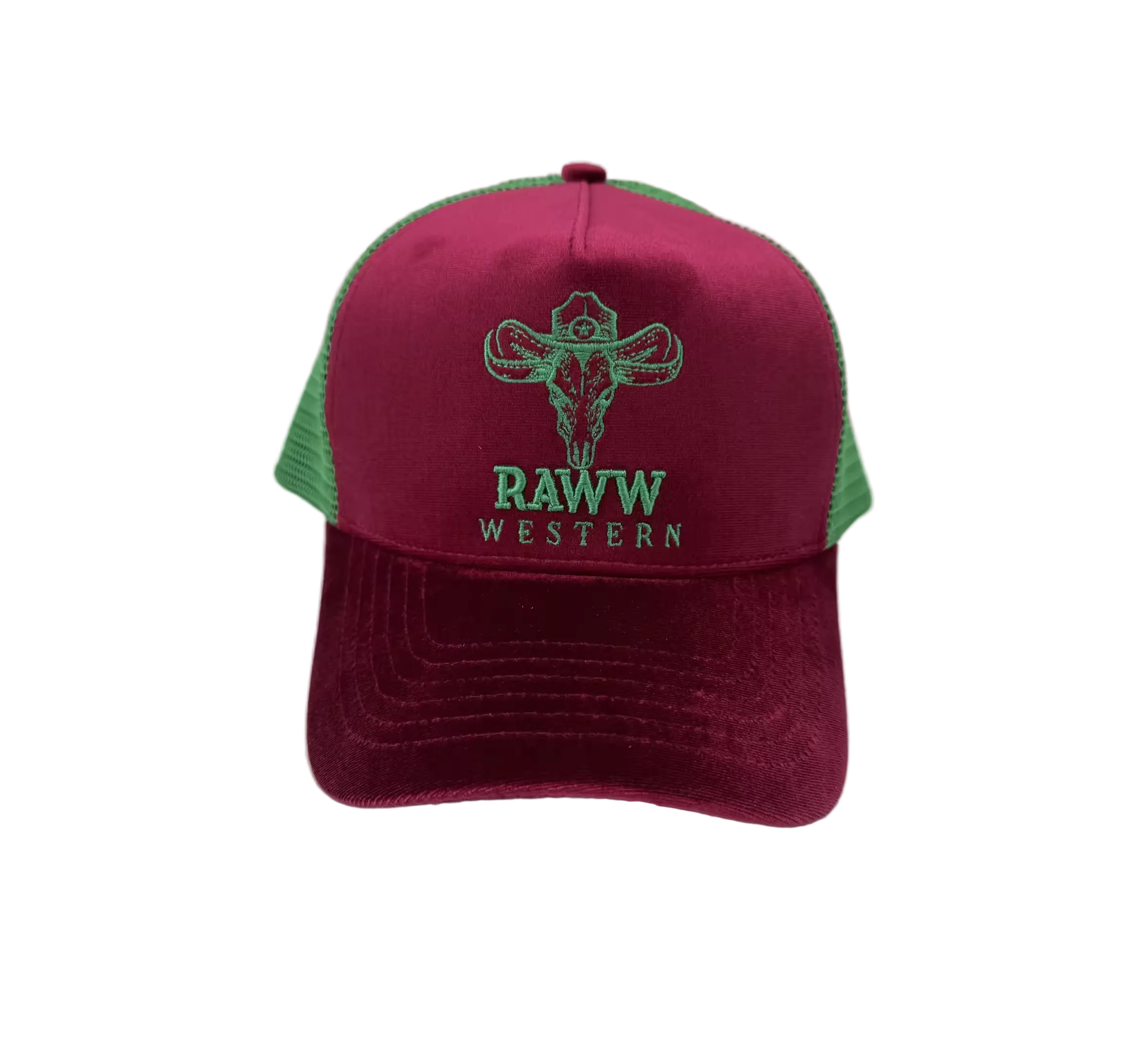 Velvet trucker cap: burgundy front, green mesh sides, RAW WESTERN bull logo